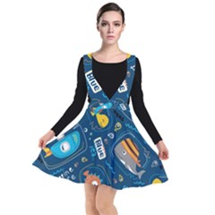 Seamless Pattern Vector Submarine With Sea Animals Cartoon Plunge Pinafore Dress by Pakemis