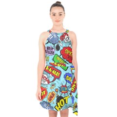 Comic Bubbles Seamless Pattern Halter Collar Waist Tie Chiffon Dress by Pakemis