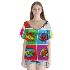 Pop Art Comic Vector Speech Cartoon Bubbles Popart Style With Humor Text Boom Bang Bubbling Expressi V-neck Flutter Sleeve Top by Pakemis