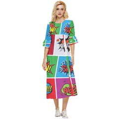 Pop Art Comic Vector Speech Cartoon Bubbles Popart Style With Humor Text Boom Bang Bubbling Expressi Double Cuff Midi Dress by Pakemis