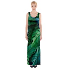 Tropical Green Leaves Background Thigh Split Maxi Dress