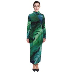 Tropical Green Leaves Background Turtleneck Maxi Dress