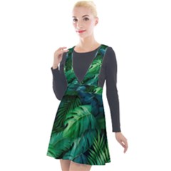 Tropical Green Leaves Background Plunge Pinafore Velour Dress