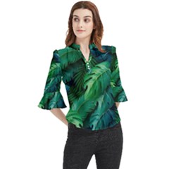 Tropical Green Leaves Background Loose Horn Sleeve Chiffon Blouse