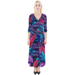 Background With Violet Blue Tropical Leaves Quarter Sleeve Wrap Maxi Dress by Pakemis