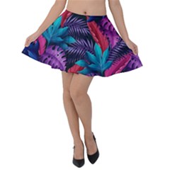 Background With Violet Blue Tropical Leaves Velvet Skater Skirt by Pakemis