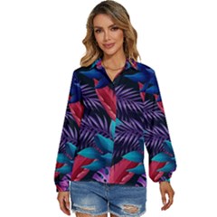 Background With Violet Blue Tropical Leaves Women s Long Sleeve Button Down Shirt