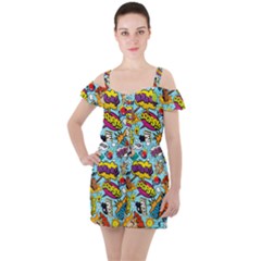 Comic Elements Colorful Seamless Pattern Ruffle Cut Out Chiffon Playsuit by Pakemis