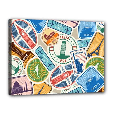 Travel Pattern Immigration Stamps Stickers With Historical Cultural Objects Travelling Visa Immigran Canvas 16  X 12  (stretched) by Pakemis