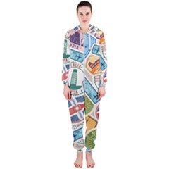 Travel Pattern Immigration Stamps Stickers With Historical Cultural Objects Travelling Visa Immigran Hooded Jumpsuit (ladies)