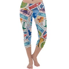 Travel Pattern Immigration Stamps Stickers With Historical Cultural Objects Travelling Visa Immigran Capri Yoga Leggings by Pakemis
