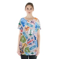 Travel Pattern Immigration Stamps Stickers With Historical Cultural Objects Travelling Visa Immigran Skirt Hem Sports Top by Pakemis