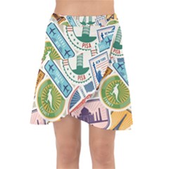 Travel Pattern Immigration Stamps Stickers With Historical Cultural Objects Travelling Visa Immigran Wrap Front Skirt by Pakemis