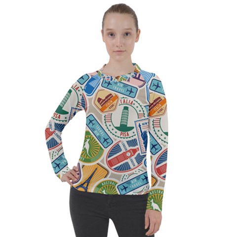 Travel Pattern Immigration Stamps Stickers With Historical Cultural Objects Travelling Visa Immigran Women s Pique Long Sleeve Tee by Pakemis
