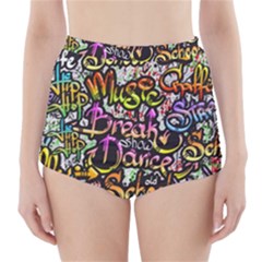 Graffiti Word Seamless Pattern High-waisted Bikini Bottoms by Pakemis