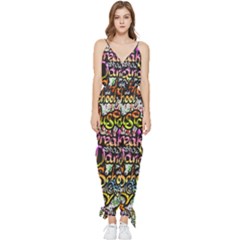 Graffiti Word Seamless Pattern Sleeveless Tie Ankle Chiffon Jumpsuit by Pakemis