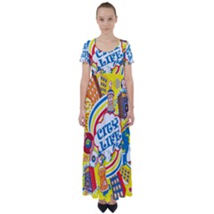 Colorful City Life Horizontal Seamless Pattern Urban City High Waist Short Sleeve Maxi Dress by Pakemis