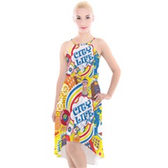 Colorful City Life Horizontal Seamless Pattern Urban City High-low Halter Chiffon Dress  by Pakemis