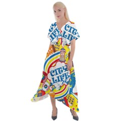 Colorful City Life Horizontal Seamless Pattern Urban City Cross Front Sharkbite Hem Maxi Dress by Pakemis