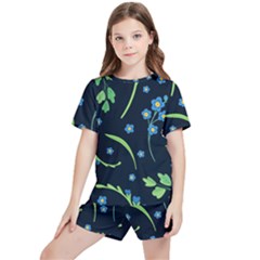 Abstract Wild Flower Dark Blue Background Blue Flowers Blossoms Flat Retro Seamless Pattern Daisy Kids  Tee And Sports Shorts Set by Pakemis