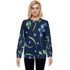 Abstract Wild Flower Dark Blue Background Blue Flowers Blossoms Flat Retro Seamless Pattern Daisy Hidden Pocket Sweatshirt