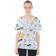 Set Cute Colorful Doodle Hand Drawing V-neck Dolman Drape Top by Pakemis