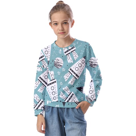 Cute Seamless Pattern With Rocket Planets Stars Kids  Long Sleeve Tee With Frill  by Pakemis