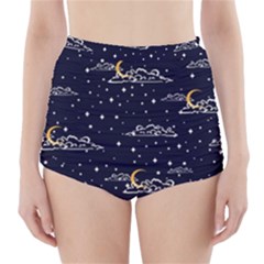 Hand Drawn Scratch Style Night Sky With Moon Cloud Space Among Stars Seamless Pattern Vector Design High-waisted Bikini Bottoms by Pakemis