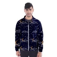 Hand Drawn Scratch Style Night Sky With Moon Cloud Space Among Stars Seamless Pattern Vector Design Men s Windbreaker by Pakemis
