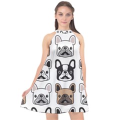 Dog French Bulldog Seamless Pattern Face Head Halter Neckline Chiffon Dress 