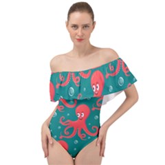 Cute Smiling Red Octopus Swimming Underwater Off Shoulder Velour Bodysuit  by Pakemis