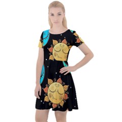 Seamless Pattern With Sun Moon Children Cap Sleeve Velour Dress  by Pakemis