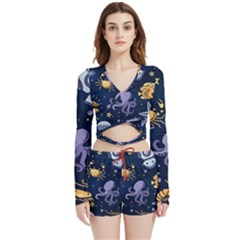 Marine Seamless Pattern Thin Line Memphis Style Velvet Wrap Crop Top And Shorts Set by Pakemis