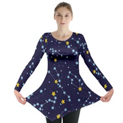 Seamless Pattern With Cartoon Zodiac Constellations Starry Sky Long Sleeve Tunic  by Pakemis