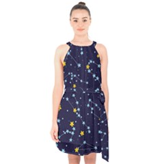 Seamless Pattern With Cartoon Zodiac Constellations Starry Sky Halter Collar Waist Tie Chiffon Dress by Pakemis