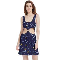 Seamless Pattern With Cartoon Zodiac Constellations Starry Sky Velour Cutout Dress by Pakemis