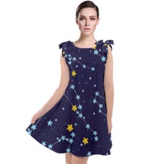 Seamless Pattern With Cartoon Zodiac Constellations Starry Sky Tie Up Tunic Dress by Pakemis