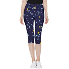 Seamless Pattern With Cartoon Zodiac Constellations Starry Sky Inside Out Lightweight Velour Capri Leggings 