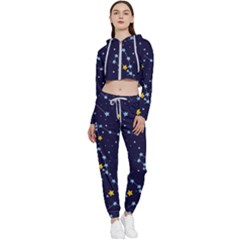 Seamless Pattern With Cartoon Zodiac Constellations Starry Sky Cropped Zip Up Lounge Set by Pakemis