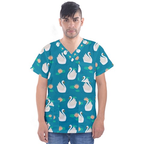 Elegant Swan Pattern With Water Lily Flowers Men s V-neck Scrub Top by Pakemis