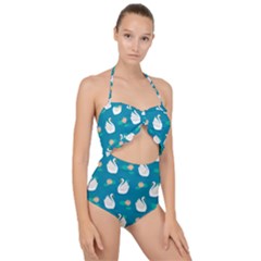 Elegant Swan Pattern With Water Lily Flowers Scallop Top Cut Out Swimsuit by Pakemis