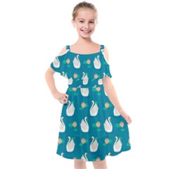 Elegant Swan Pattern With Water Lily Flowers Kids  Cut Out Shoulders Chiffon Dress