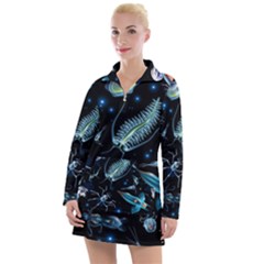 Colorful Abstract Pattern Consisting Glowing Lights Luminescent Images Marine Plankton Dark Backgrou Women s Long Sleeve Casual Dress by Pakemis