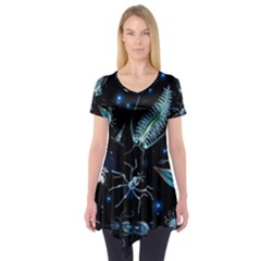 Colorful Abstract Pattern Consisting Glowing Lights Luminescent Images Marine Plankton Dark Backgrou Short Sleeve Tunic  by Pakemis