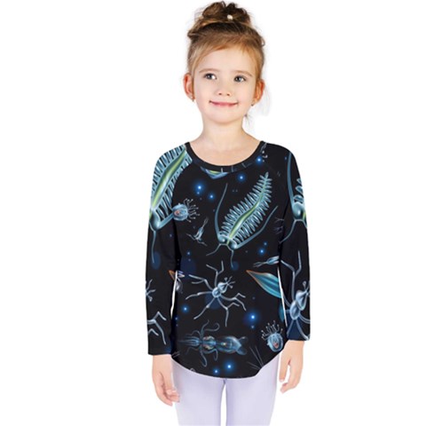 Colorful Abstract Pattern Consisting Glowing Lights Luminescent Images Marine Plankton Dark Backgrou Kids  Long Sleeve Tee by Pakemis