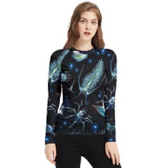 Colorful Abstract Pattern Consisting Glowing Lights Luminescent Images Marine Plankton Dark Backgrou Women s Long Sleeve Rash Guard by Pakemis