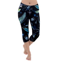 Colorful Abstract Pattern Consisting Glowing Lights Luminescent Images Marine Plankton Dark Backgrou Lightweight Velour Capri Yoga Leggings by Pakemis