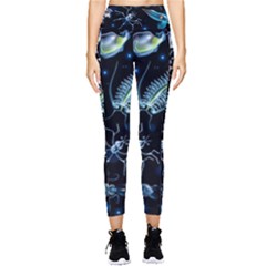 Colorful Abstract Pattern Consisting Glowing Lights Luminescent Images Marine Plankton Dark Backgrou Pocket Leggings  by Pakemis