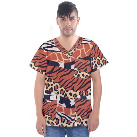 Mixed-animal-skin-print-safari-textures-mix-leopard-zebra-tiger-skins-patterns-luxury-animals-textur Men s V-neck Scrub Top by Pakemis