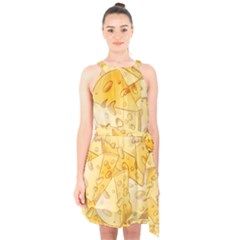Cheese-slices-seamless-pattern-cartoon-style Halter Collar Waist Tie Chiffon Dress by Pakemis